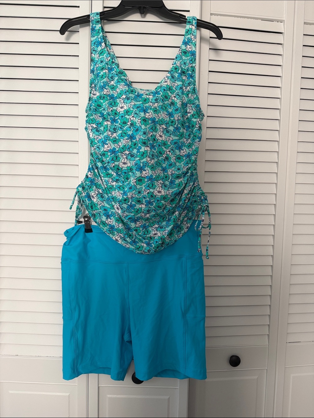 Lands' End Teal Floral Tankini with Turquoise Swim Shorts